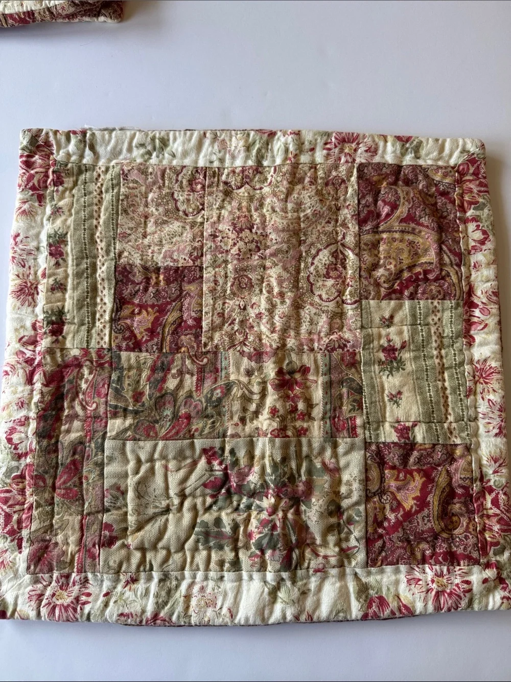 Vintage 16” Quilted Pillow Shams in Cream and Burgundy